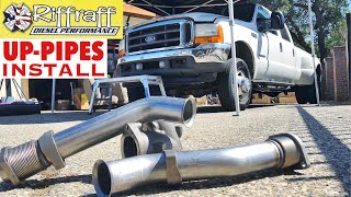 2001 F350 73  RiffRaff UpPipes Install  Stock up pipes leaking and falling apart JUNK SP [upl. by Dallon]